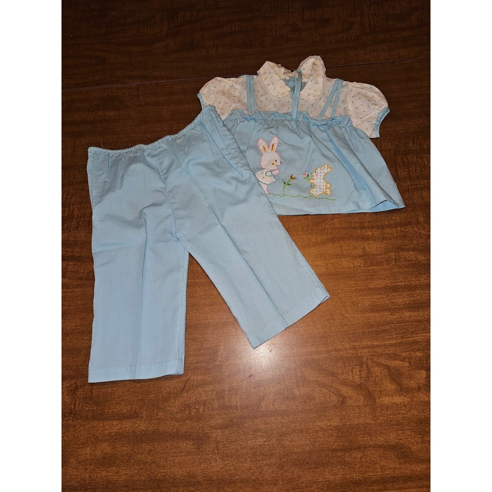 Vintage Mayfair Baby 12-18 Mos 2 Pc Top Pants Pinafore Set Girl Bunny Flower F30